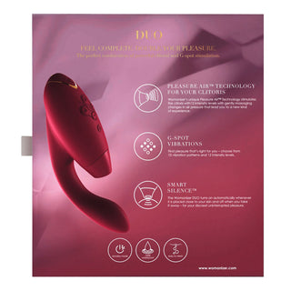Duo Womanizer, doppelt stimulierender Vibrator in schwarz, Verpackung von hinten