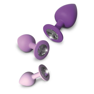 Her little Gems Trainer Set, 3 Anal Plugs übereinander angeordnet, Glitzersteine zu sehen