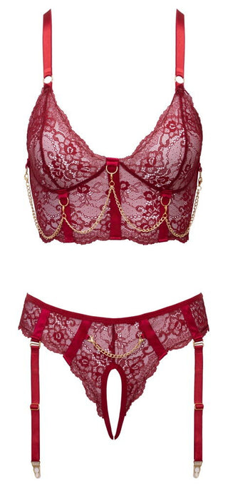 Cottelli LINGERIE Longline-BH Und Straps-Riostring Ouvert Set Dunkelrot M