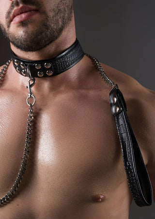 AVANZA FEROS Croc-Embossed Halsband und Leine Black