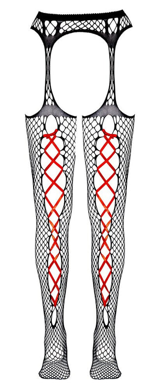 Suspender tights with red satin lacing