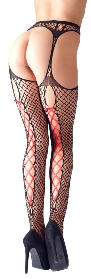 Suspender tights with red satin lacing