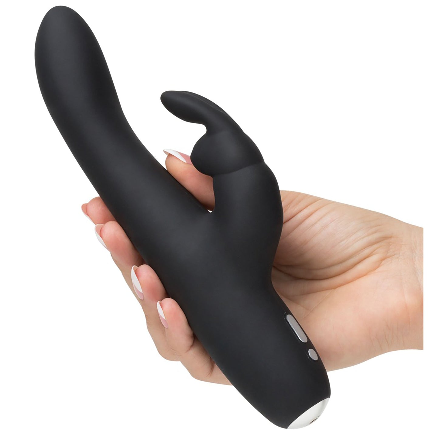 Greedy Girl Slimline Rabbit Vibrator G-Punkt Vibrator in schwarz, liegend auf einer Hand