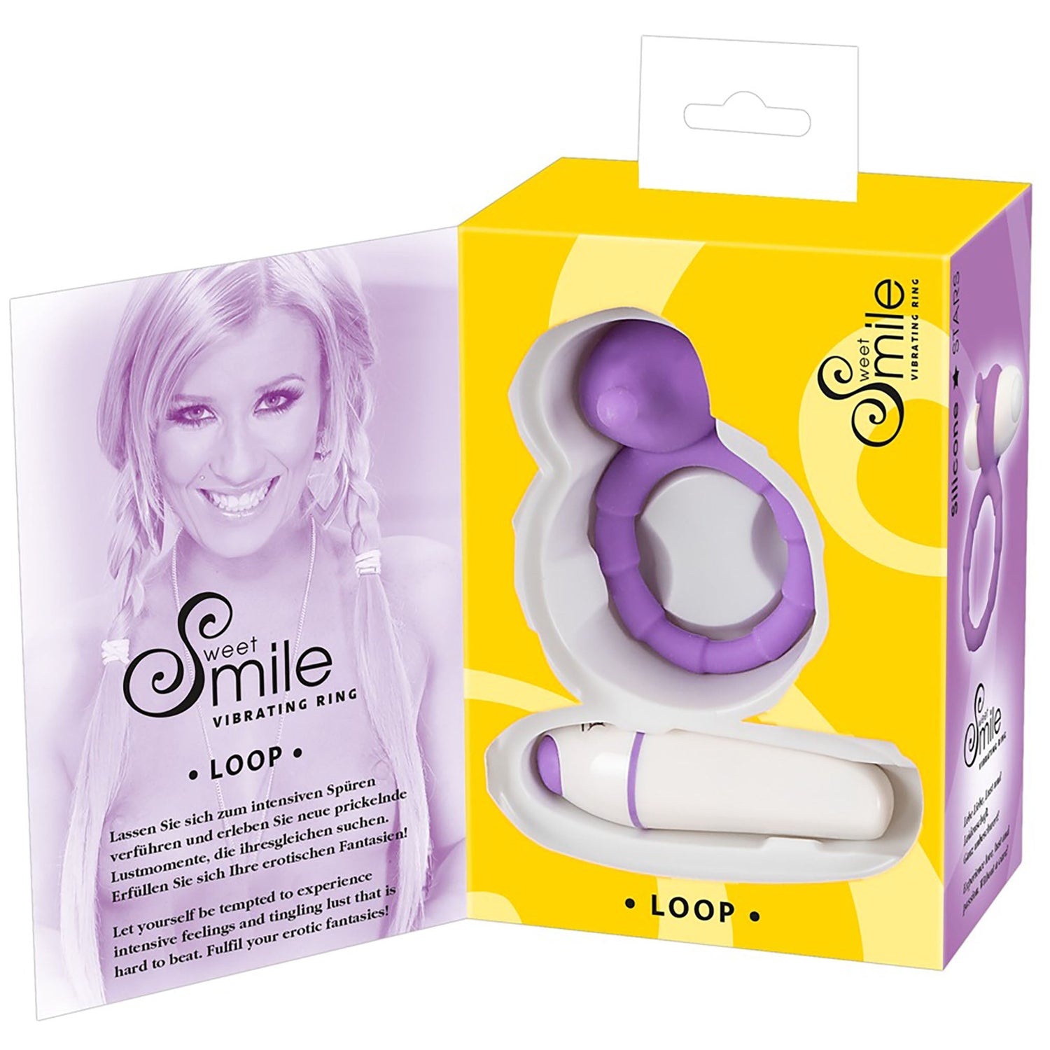 Loop Sweet Smile Penisring mit Vibrator in lila, Verpackung offen