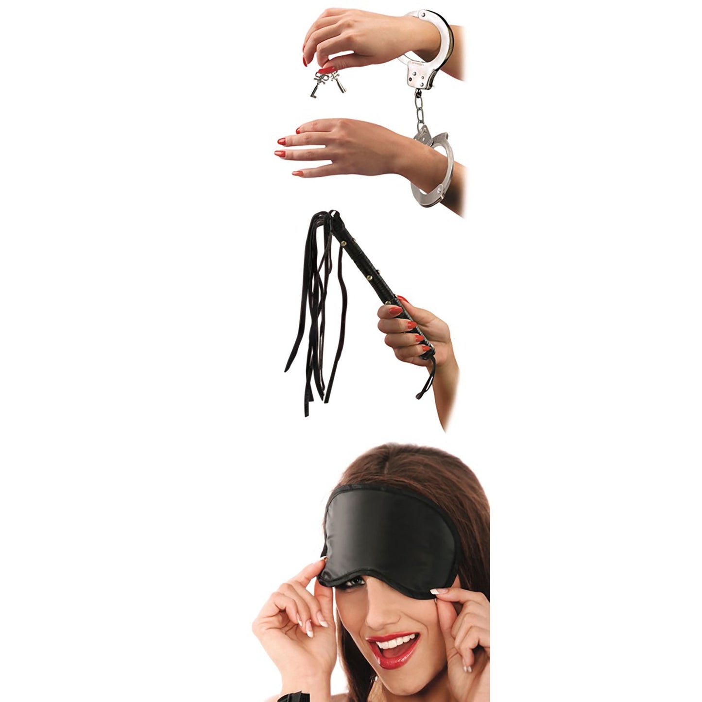 Lovers Fantasy Kit, Fetisch Set mit Augenbinde, Handschellen und Peitsche, mit Paar