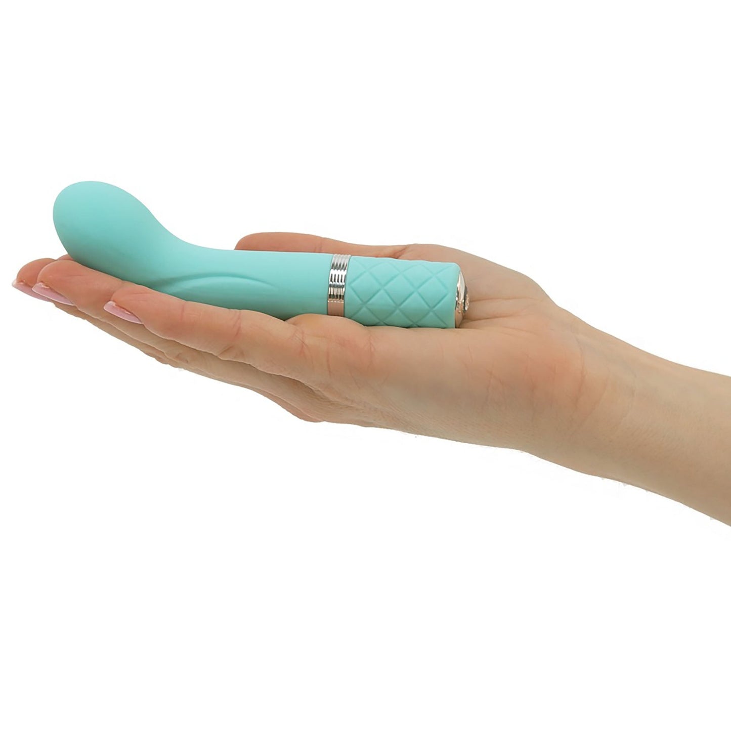 Racy Luxurius Mini Massager von Pillow Talk, ein G-Punkt Vibrator in türkis von einer Hand gehalten