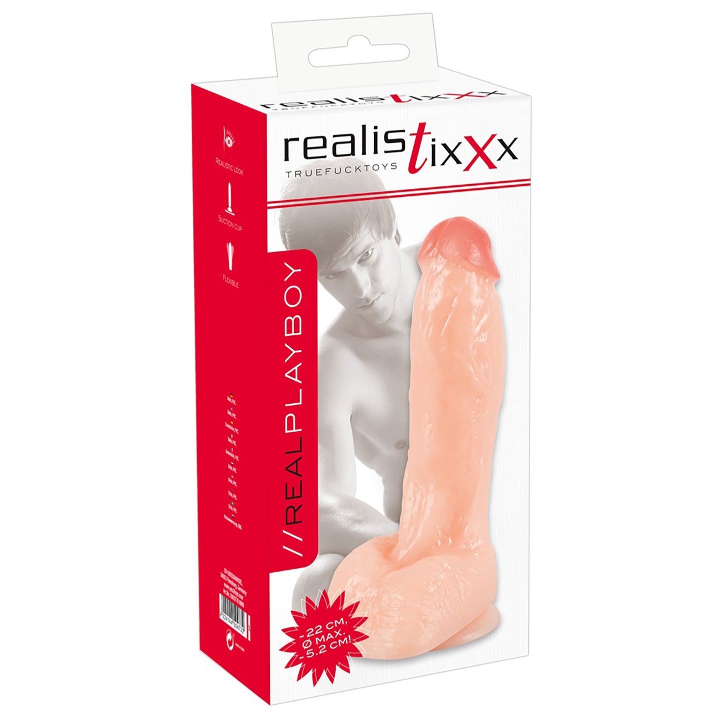 Realistixx Real Playboy, realistischer Dildo mit großer Eichel und Hoden und Saugfuß in Verpackung