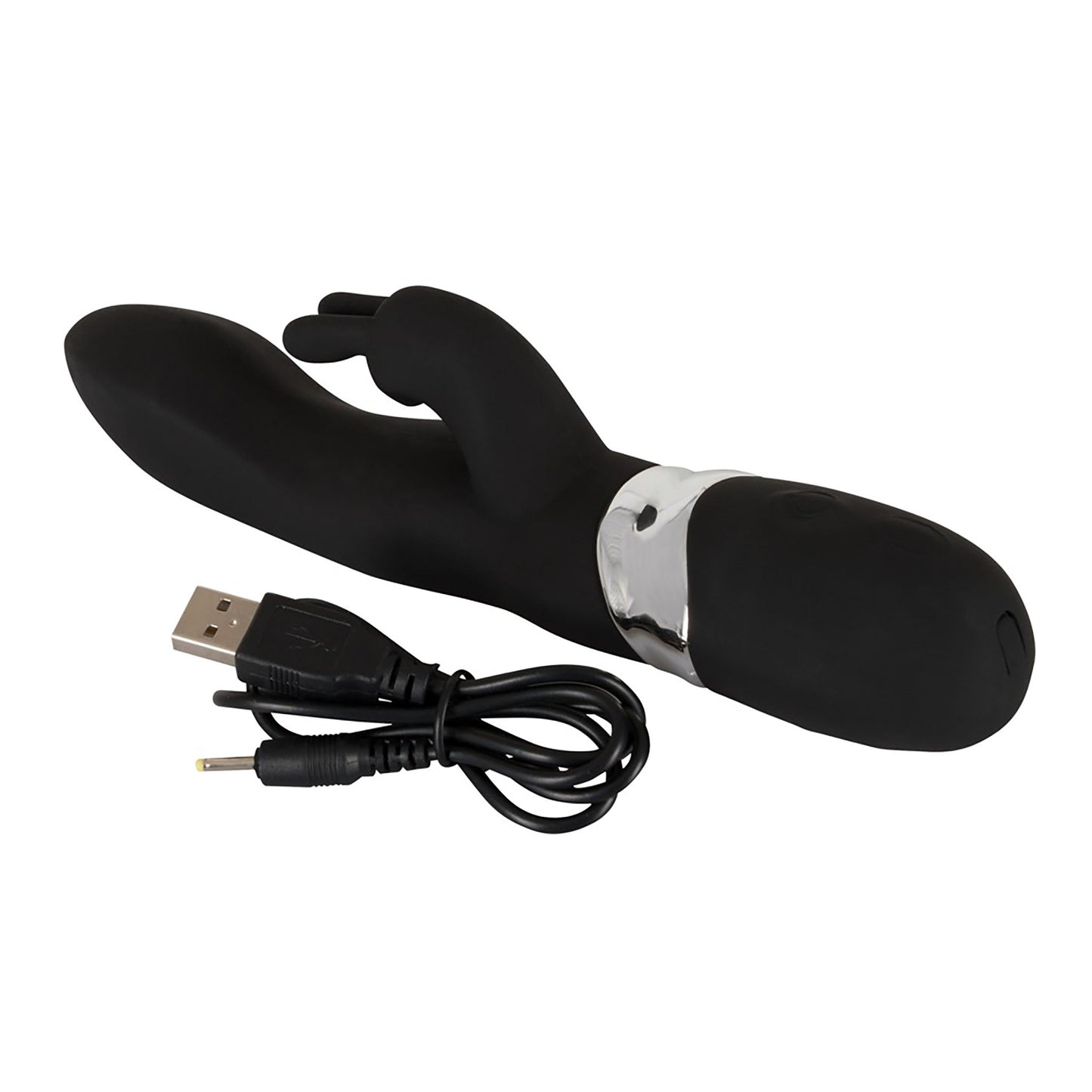 Rechargeable Rabbit Vibe, Vibrator mit Klitorisreizer in schwarz mit der Hand gebogen
