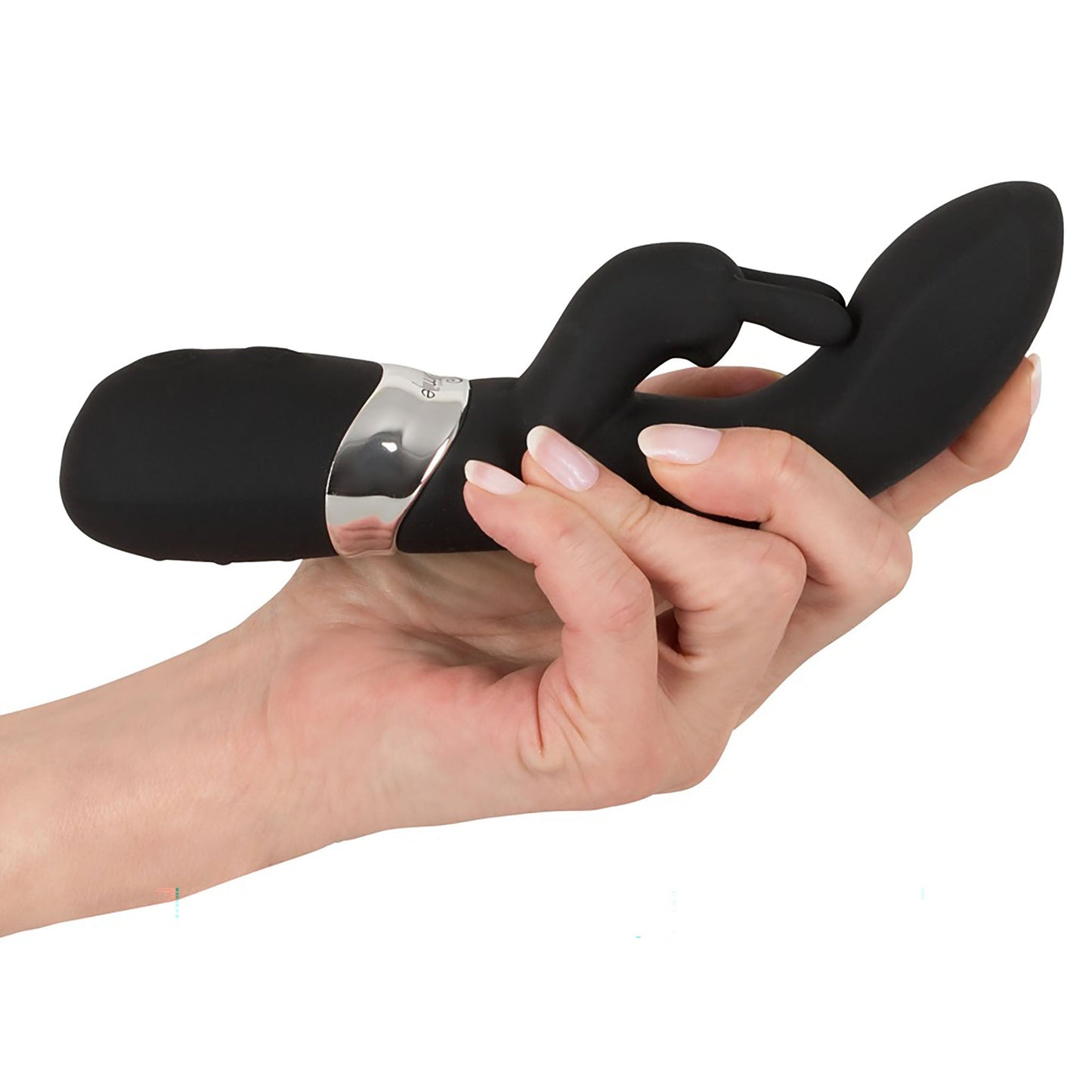 Rechargeable Rabbit Vibe, Vibrator mit Klitorisreizer in schwarz in der Hand gehalten