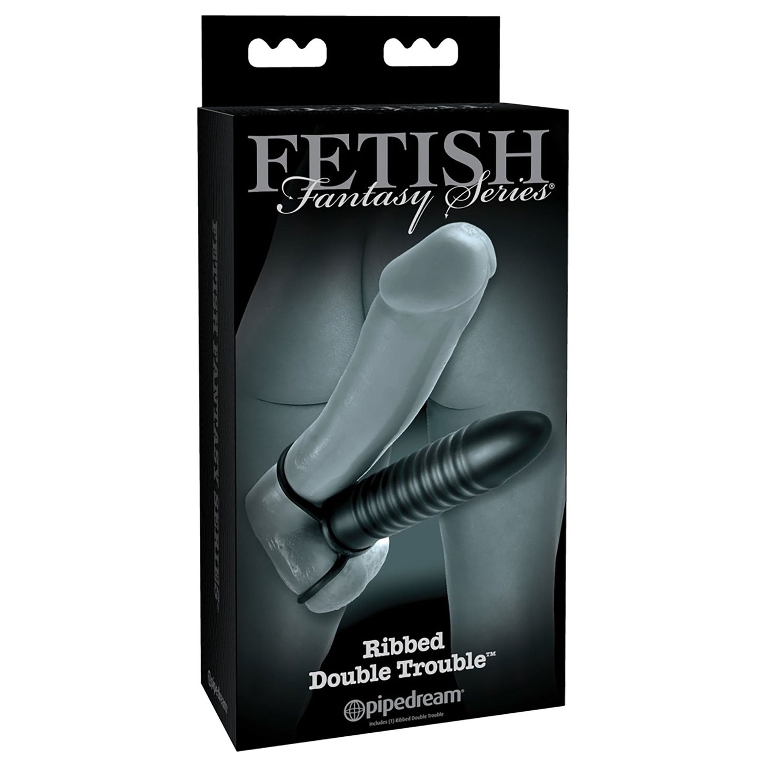 Ribbed Double Trouble, Penisring mit Analdildo in schwarz in Verpackung
