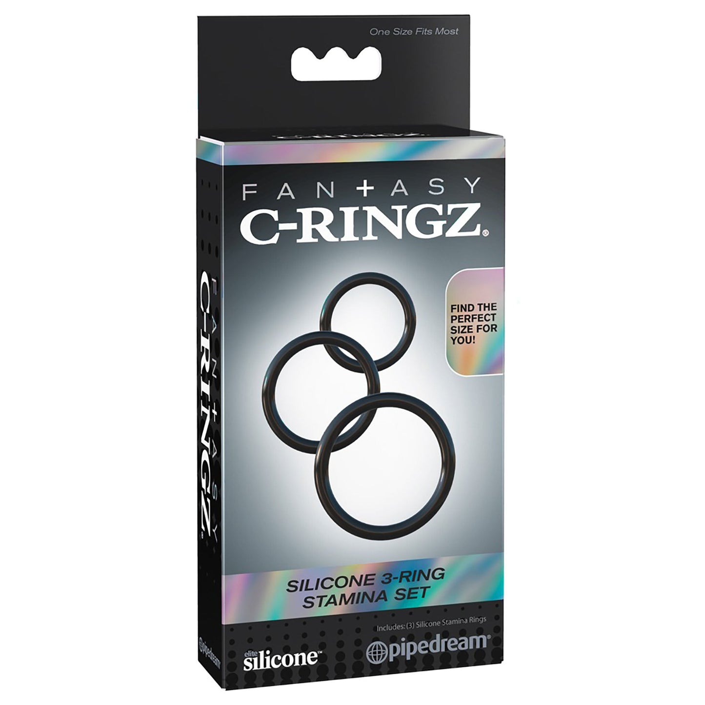 Silicone 3 Ring Stamina Set, schwarze Penisringe aus Silikon in Verpackung
