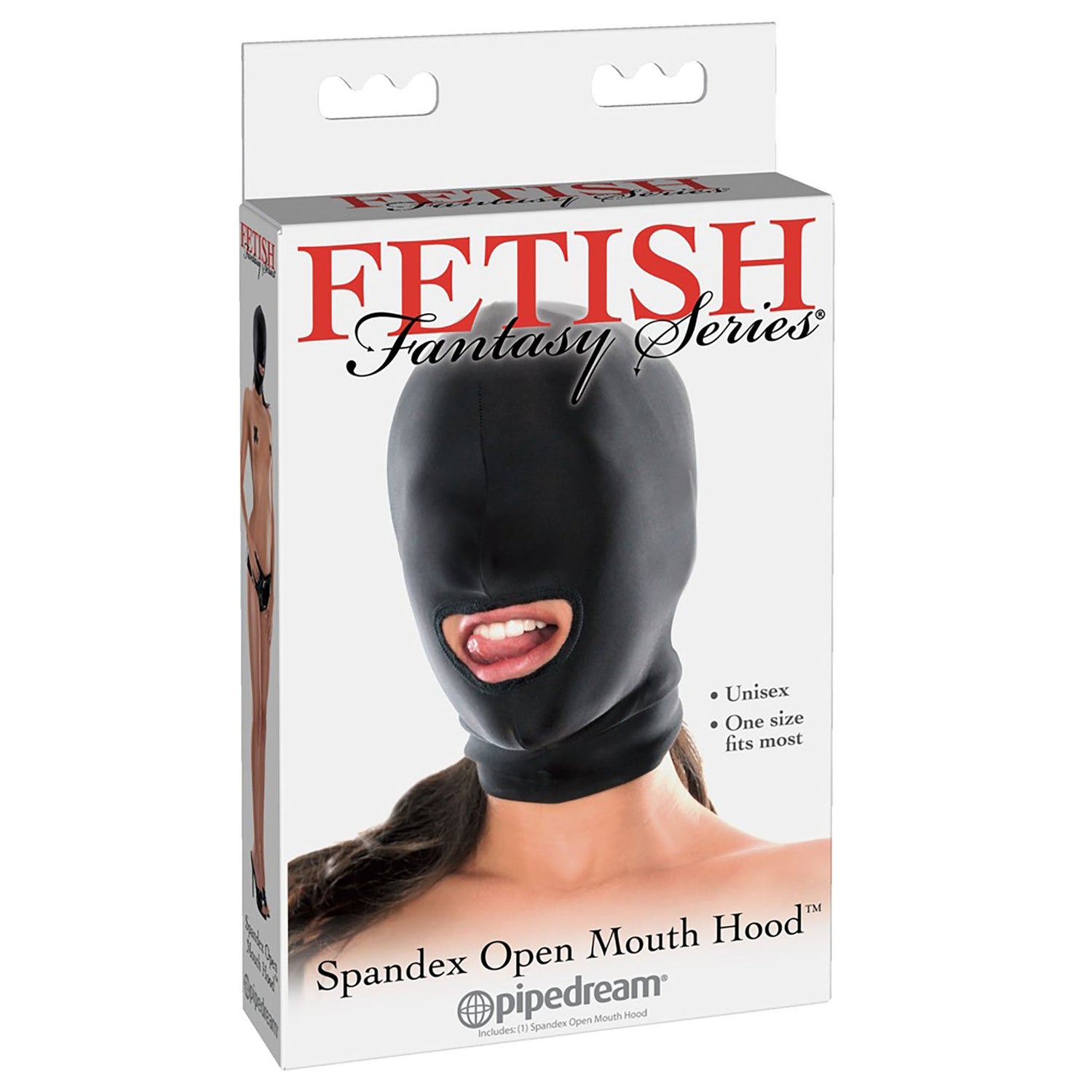 Spandex Open Mouth Hood, schwarze Kopfmaske mit einem Loch für den Mund in Verpackung