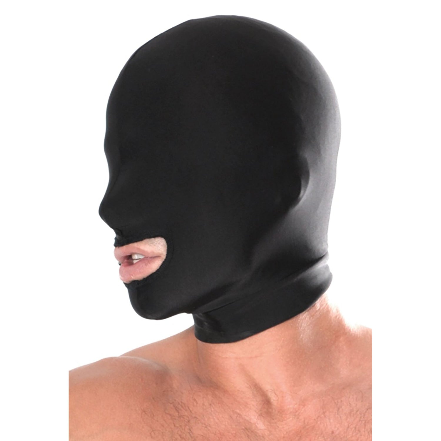 Spandex Open Mouth Hood, schwarze Kopfmaske mit einem Loch für den Mund von ihm getragen
