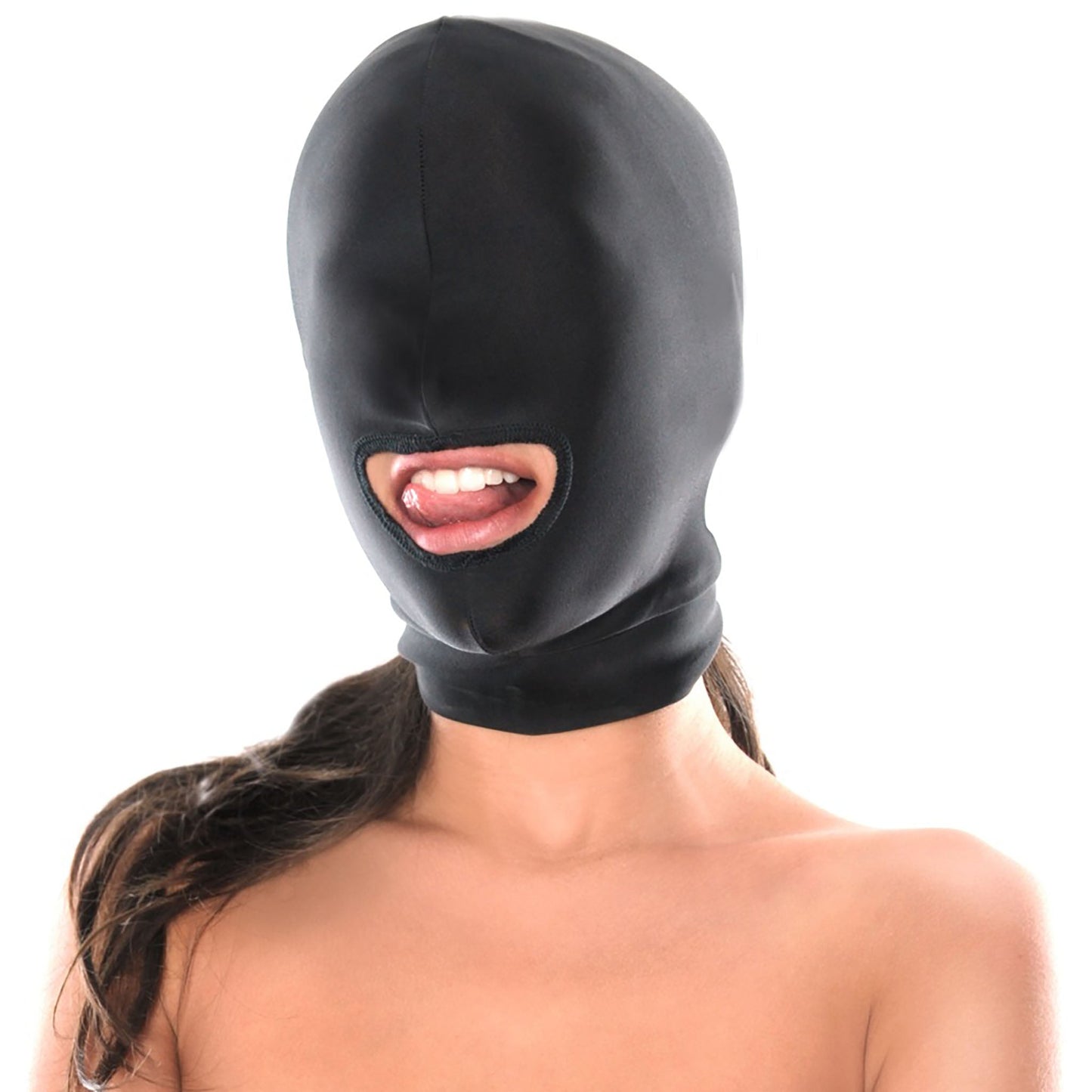 Spandex Open Mouth Hood, schwarze Kopfmaske mit einem Loch für den Mund von ihr getragen